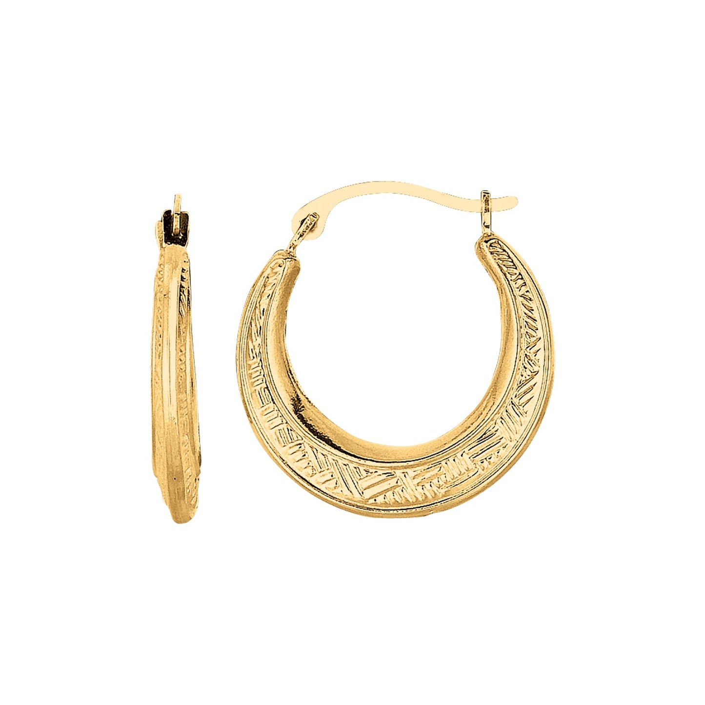 10K Yellow Gold Diamond Cut Etched Pattern Hoop Earring