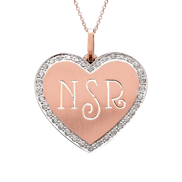 14k Gold and Diamonds 3 Initial Monogrammed Heart Pendant Necklace