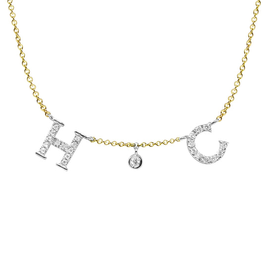 Personalized 2 Initial Necklace with Center Diamond in Solid 14K Gold and Pave Diamonds