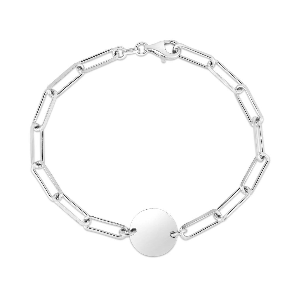 Sterling Silver Engravable Circle Paperclip Bracelet with Lobster Clasp