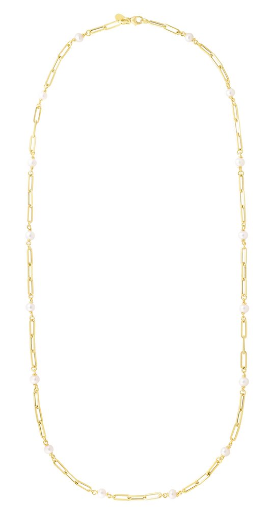 14K Gold Paperclip Necklace with Freshwater Pearl Stations