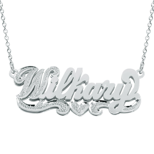 Double Layered Nameplate Necklace with Rhodium Sparkle on First Initial in Sterling Silver