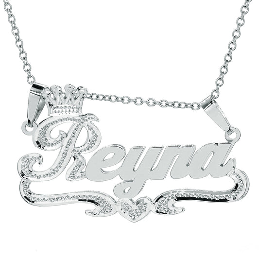 Custom Sterling Silver Nameplate Necklace with Crown | Double Bail