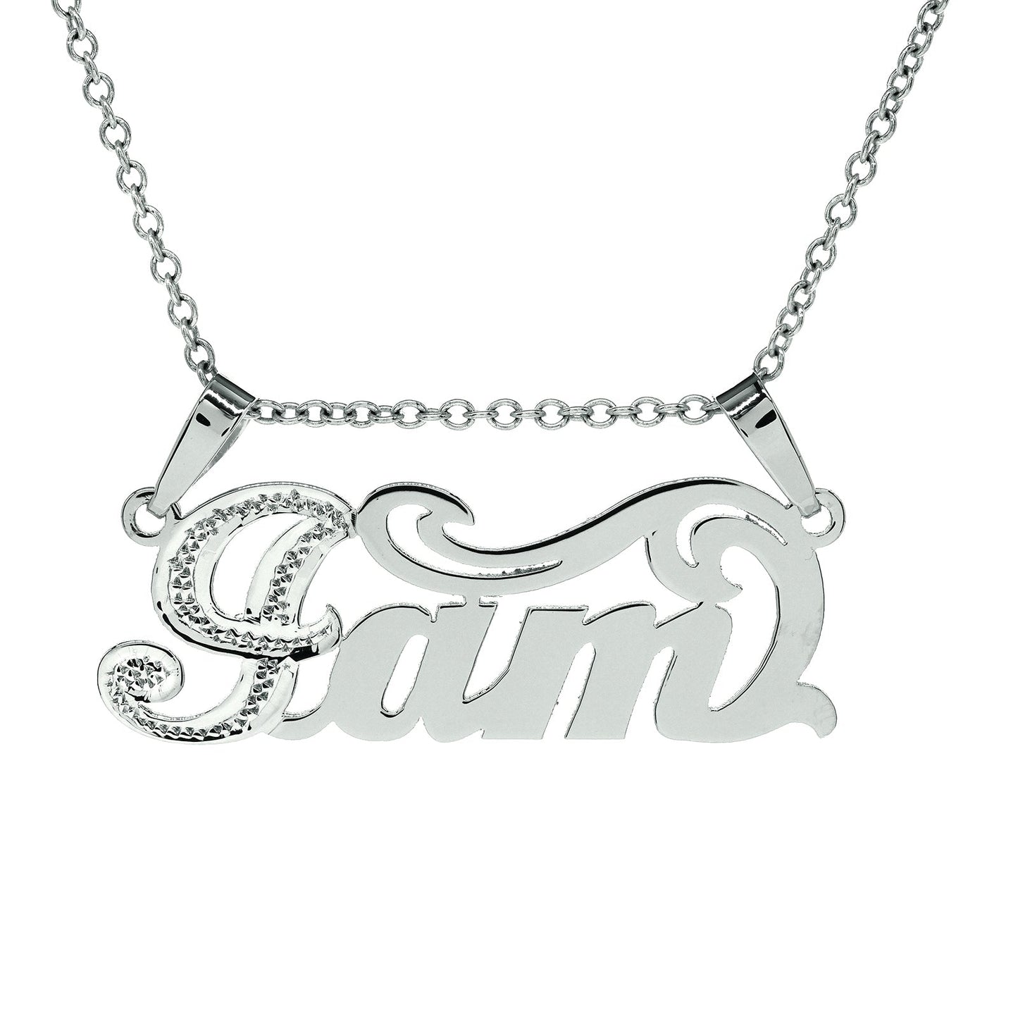 Double Bail Nameplate in Sterling Silver with Rhodium Sparkle