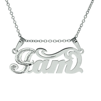 Double Bail Nameplate in Sterling Silver with Rhodium Sparkle