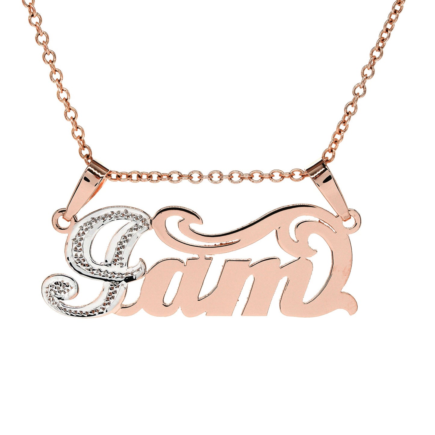 Double Bail Nameplate in Sterling Silver with Rhodium Sparkle