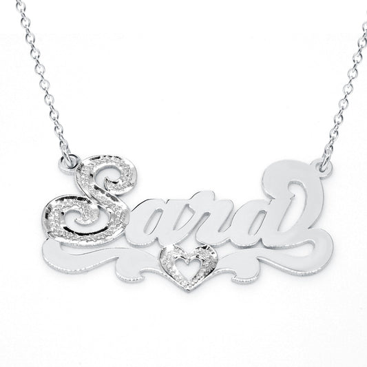 Custom Sterling Silver Nameplate Necklace with Heart First Letter and Heart in Rhodium Sparkle