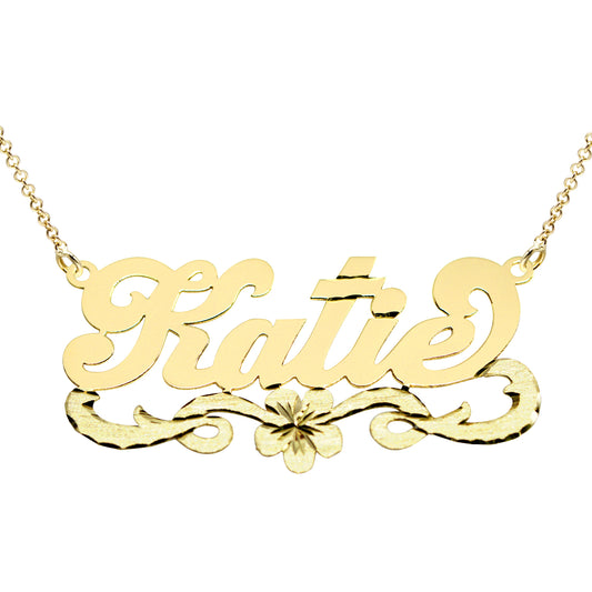 Personalized 14kt. Gold Nameplate Necklace with Flower Flourish | Florentine Finish