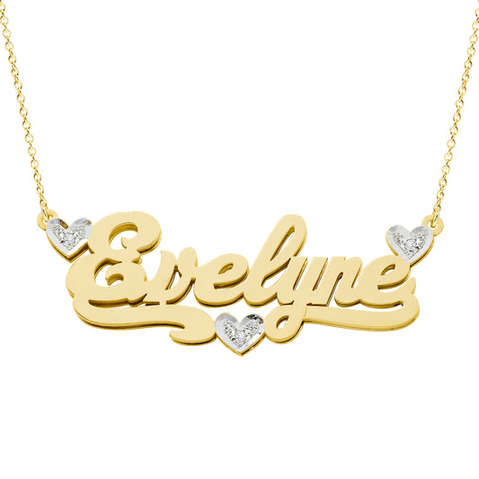 14K Gold and Diamonds Triple Heart Nameplate with Shadowbox Pendant Necklace