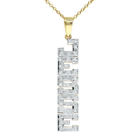 Personalized 14kt. Gold and Diamonds Vertical Nameplate Pendant | Block text
