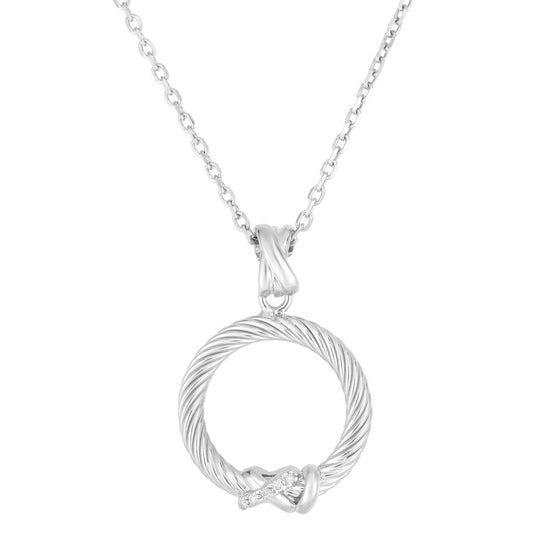 Round Pendant with White Diamond in Sterling Silver with Diamond Cut Oval Classic Cable Chain with Lobster Clasp