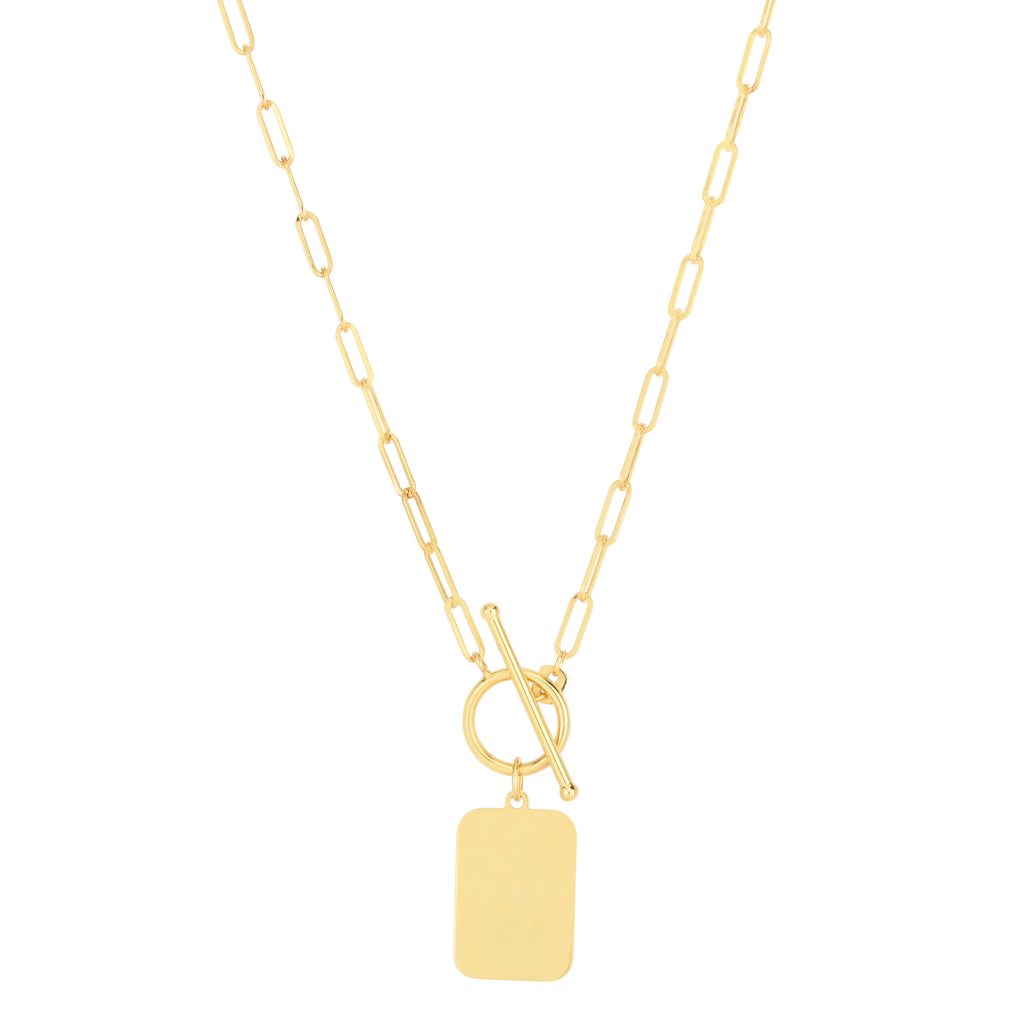 14K Gold Tag Necklace with Paperclip Chain and Toggle Closure
