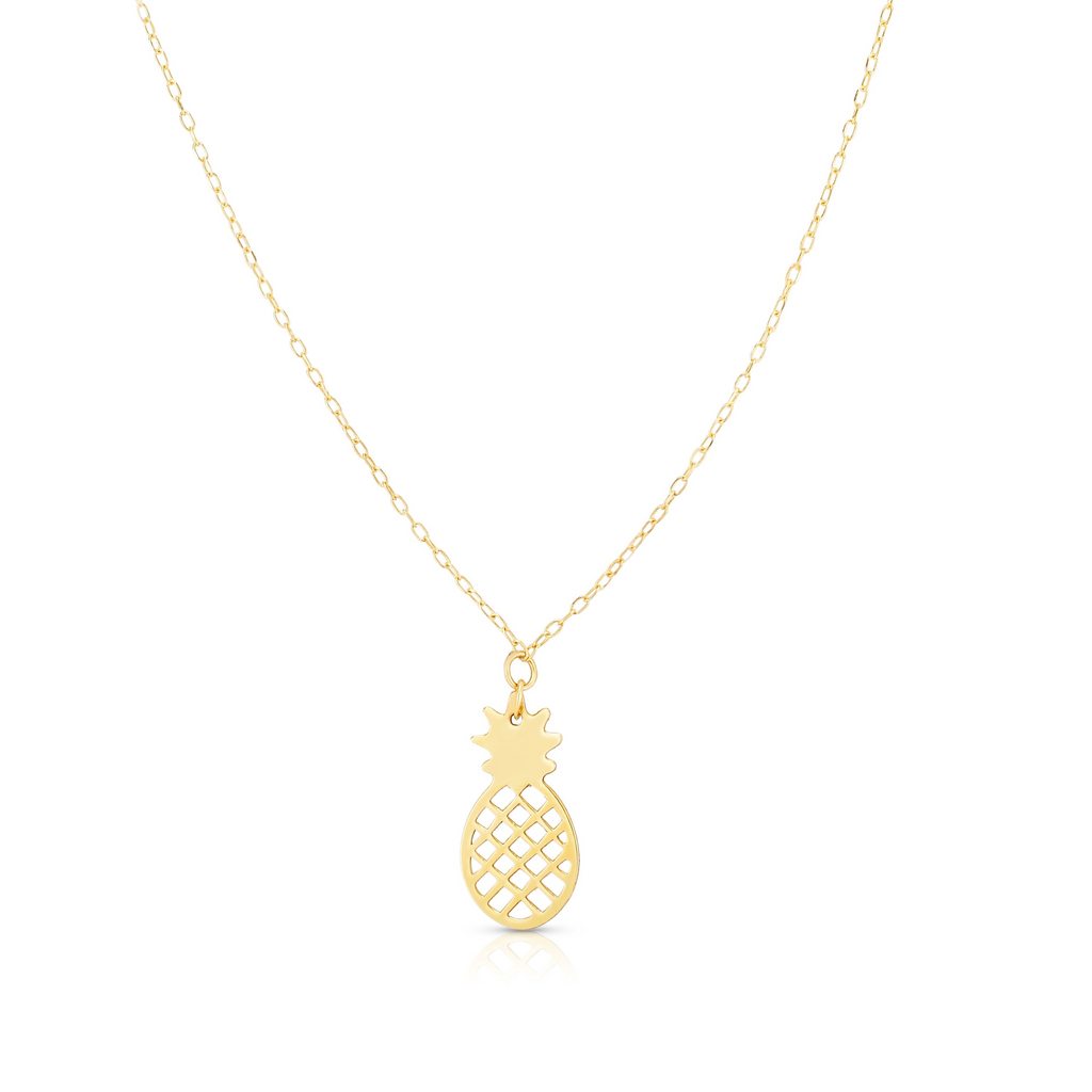 High Polish 14K Gold Pineapple Charm Pendant Necklace