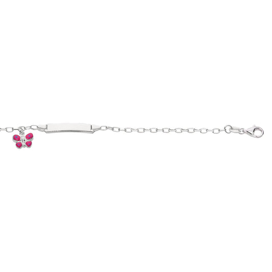 Sterling Silver Polished ID Bar with Pink & Blue Butterfly Dangle Bracelet