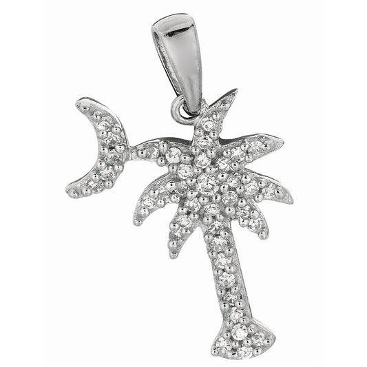 Sterling Silver CZ Palm Tree with Crescent Moon Pendant
