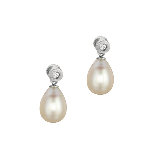 Sterling Silver Freshwater Pearl and Bezel Set CZ Drop Earrings