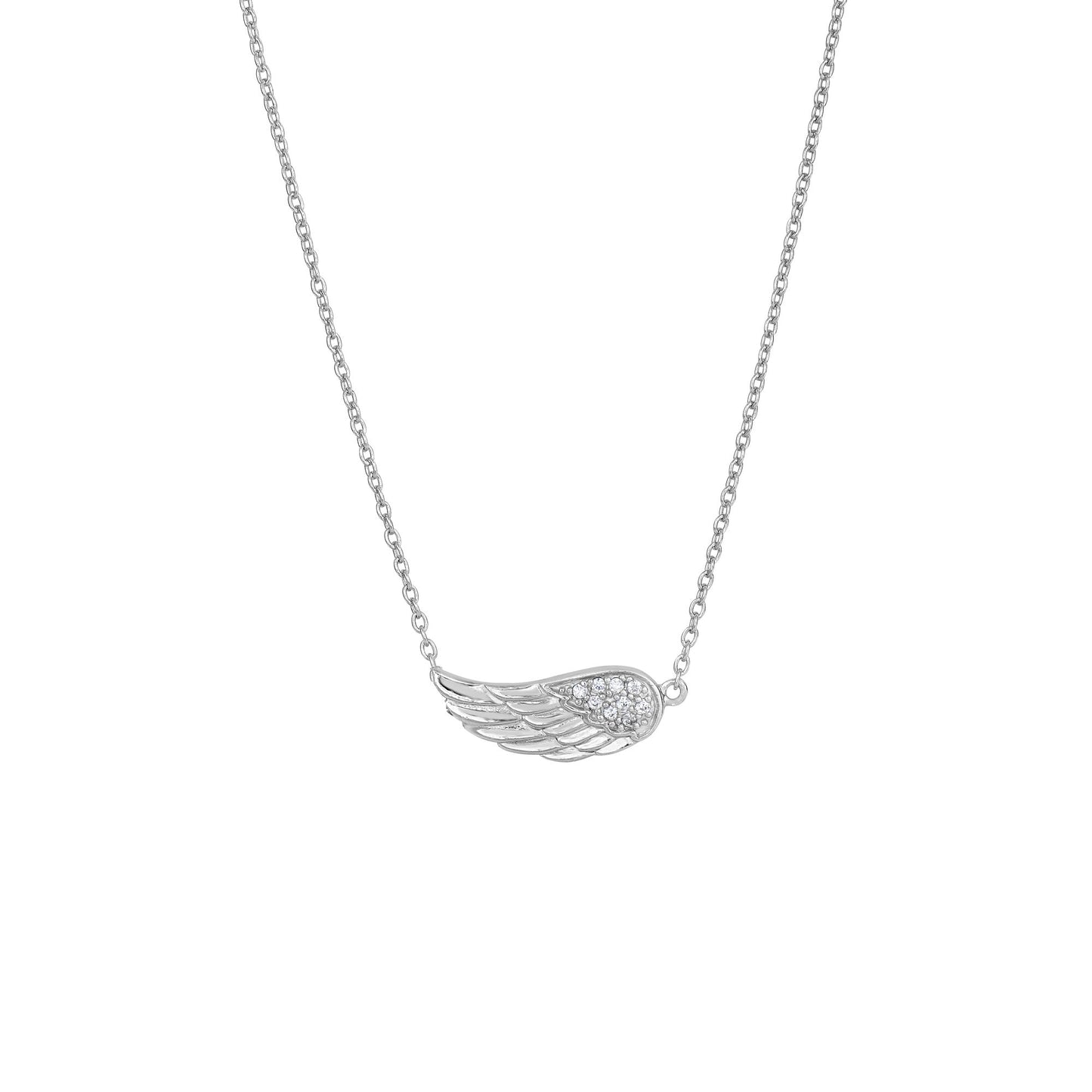 Sterling Silver and CZ Sideways Angel Wing Pendant Charm Necklace