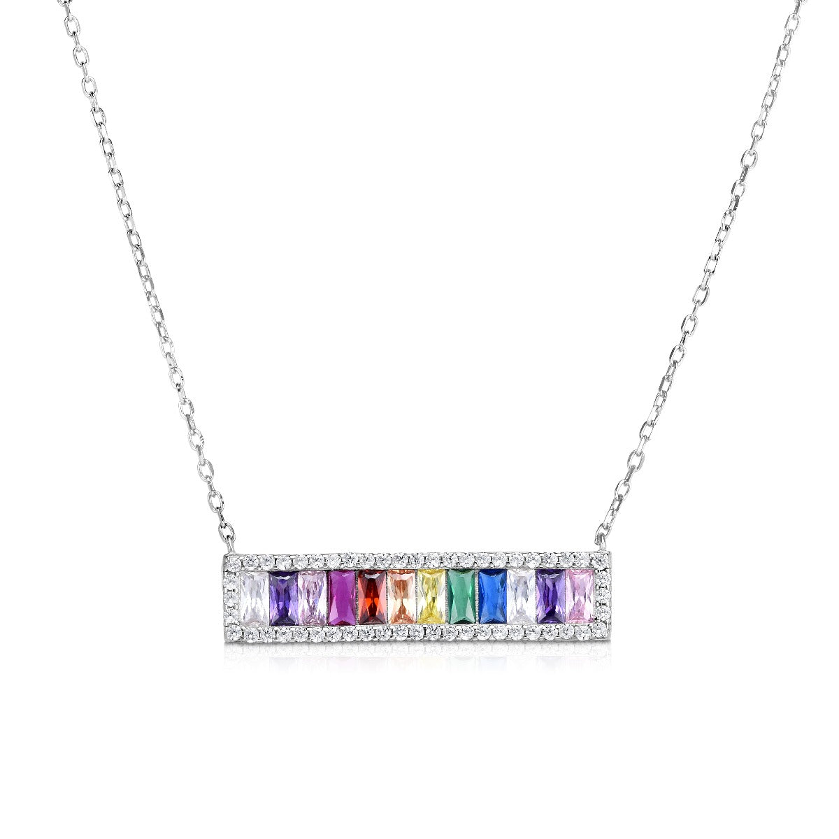 Sterling Silver and Rainbow CZ Baguette Bar Necklace with Lobster Clasp