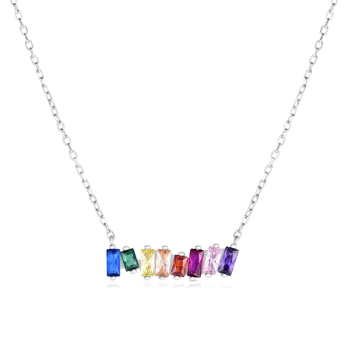 Sterling Silver and Rainbow CZ Scattered Baguette Short Bar Necklace