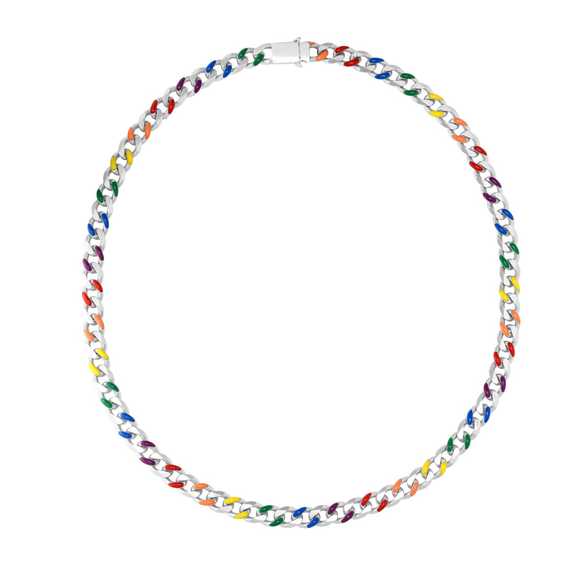 Sterling Silver Rainbow Enamel Miami Cuban Necklace with Box Lock