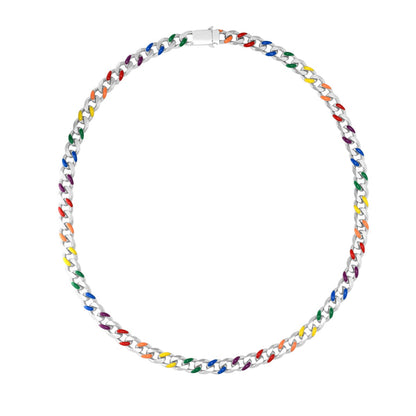 Sterling Silver Rainbow Enamel Miami Cuban Necklace with Box Lock