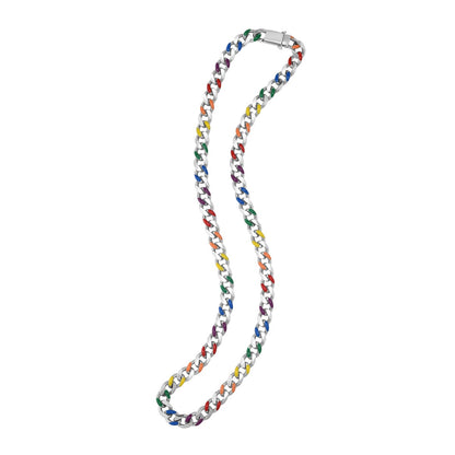 Sterling Silver Rainbow Enamel Miami Cuban Necklace with Box Lock