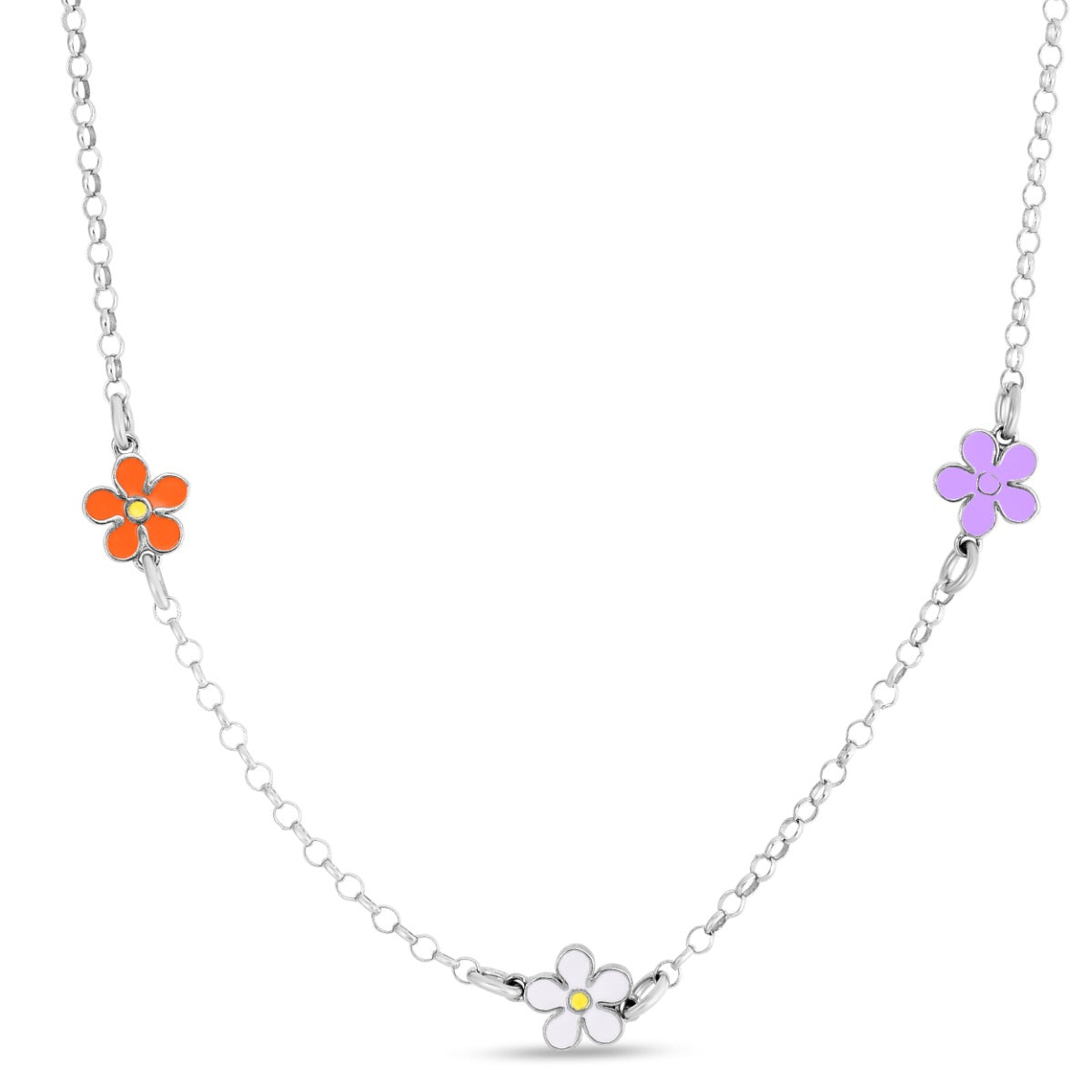 Sterling Silver Enamel Flowers Necklace with Lobster Clasp
