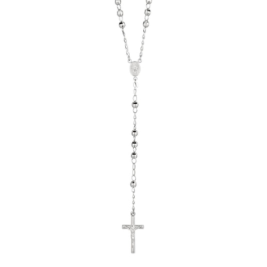 Sterling Silver Diamond Cut Large Bead Rosary Necklace