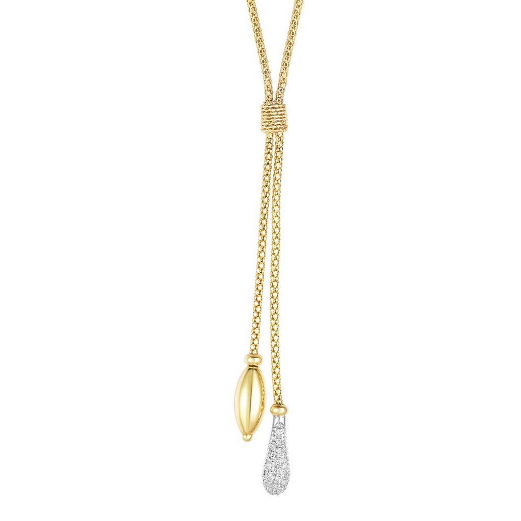 Two Tone 14K Gold and Diamonds Tear Drop and Popcorn Lariat Necklace with Lobster Clasp