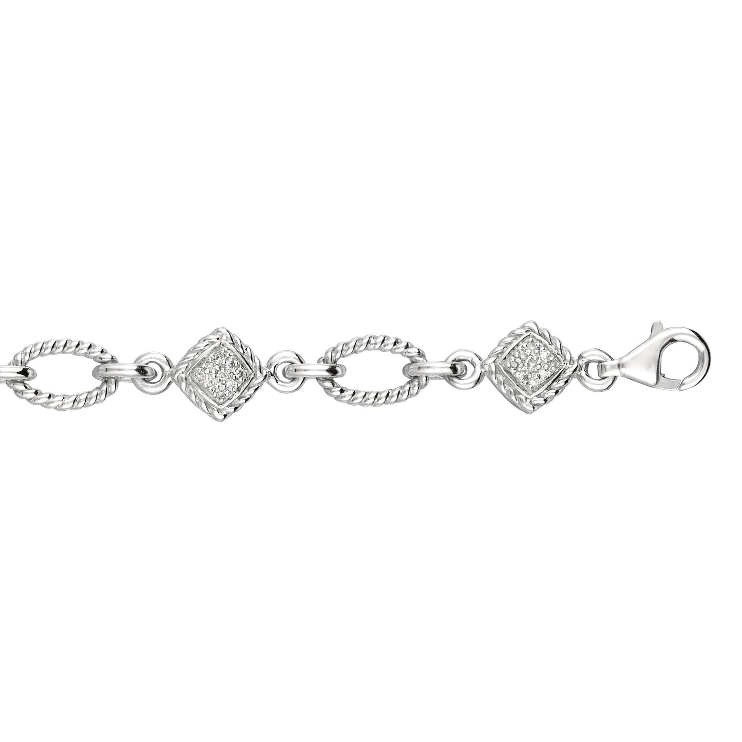 Sterling Silver Open Oval Rope Diamond Accent Link Bracelet