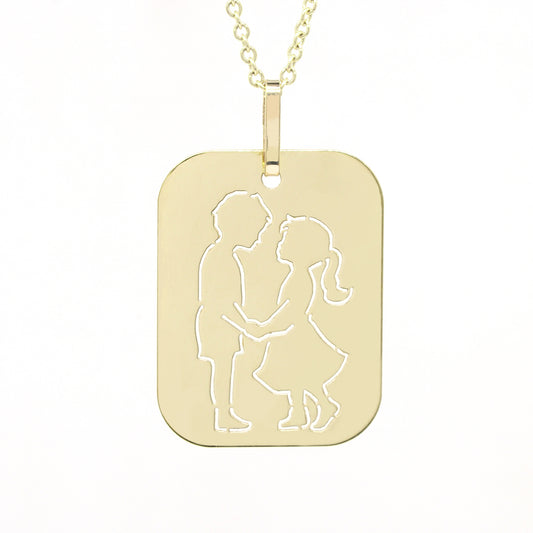 Boy and Girl Silhouette Tag Pendant in 14K Gold