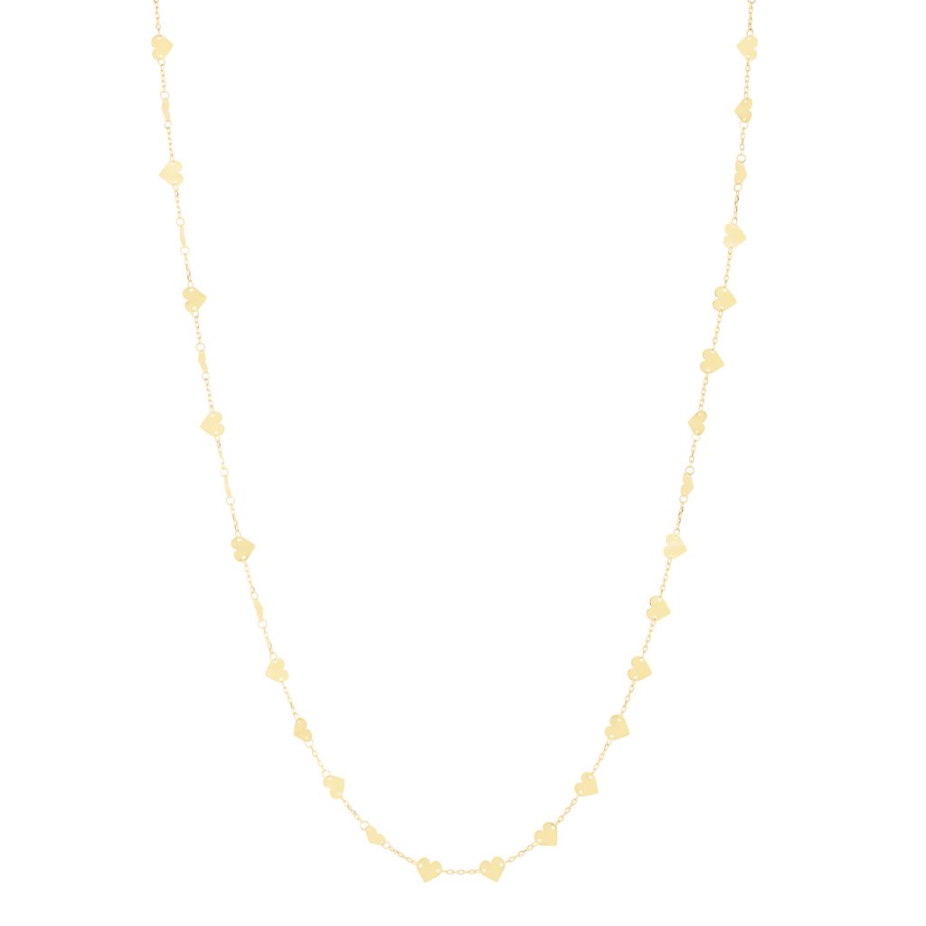 14K Gold Mirrored Chain Heart Station Necklace with Lobster Clasp