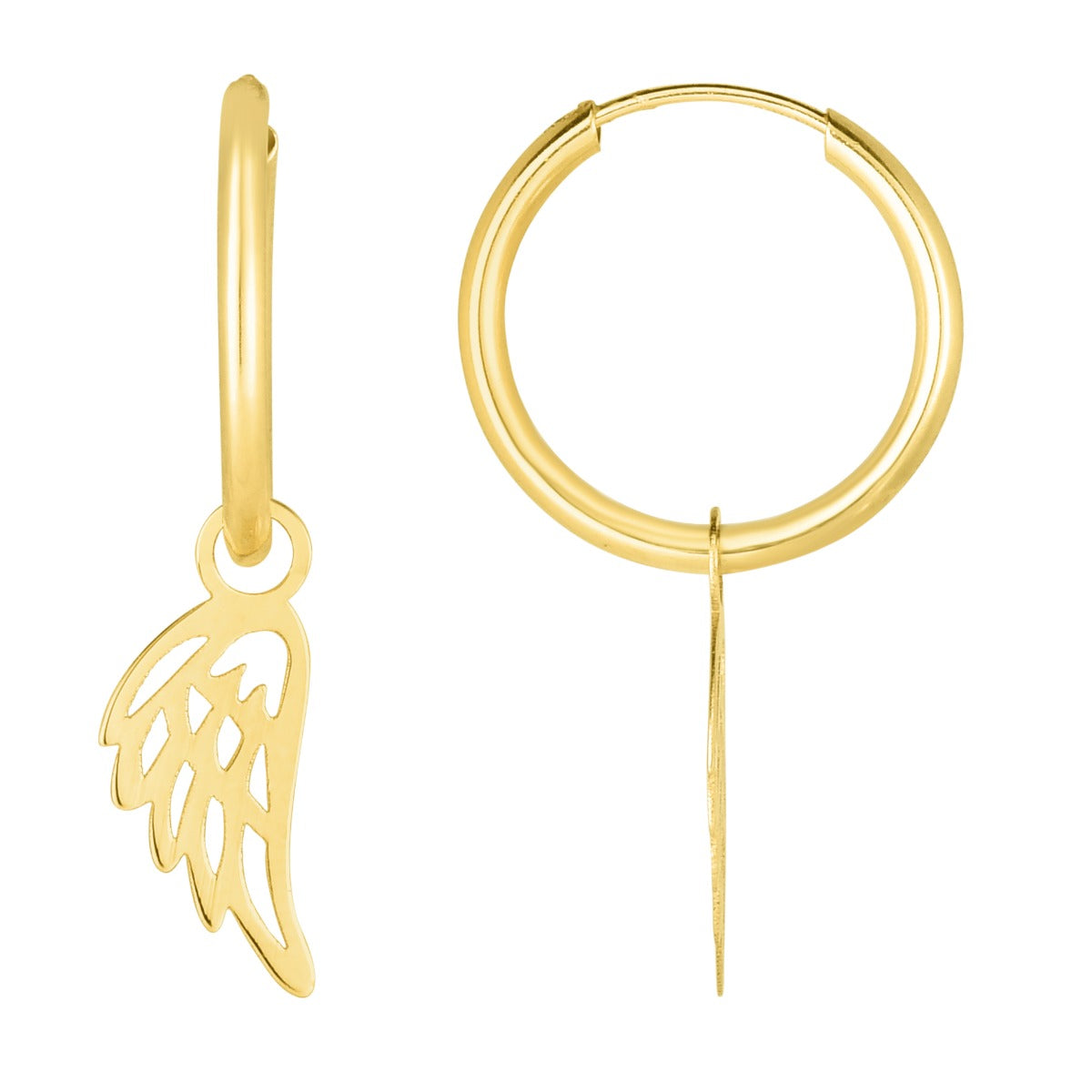 14K Gold Polished Angel Wing Dangle Light Weight Hoop