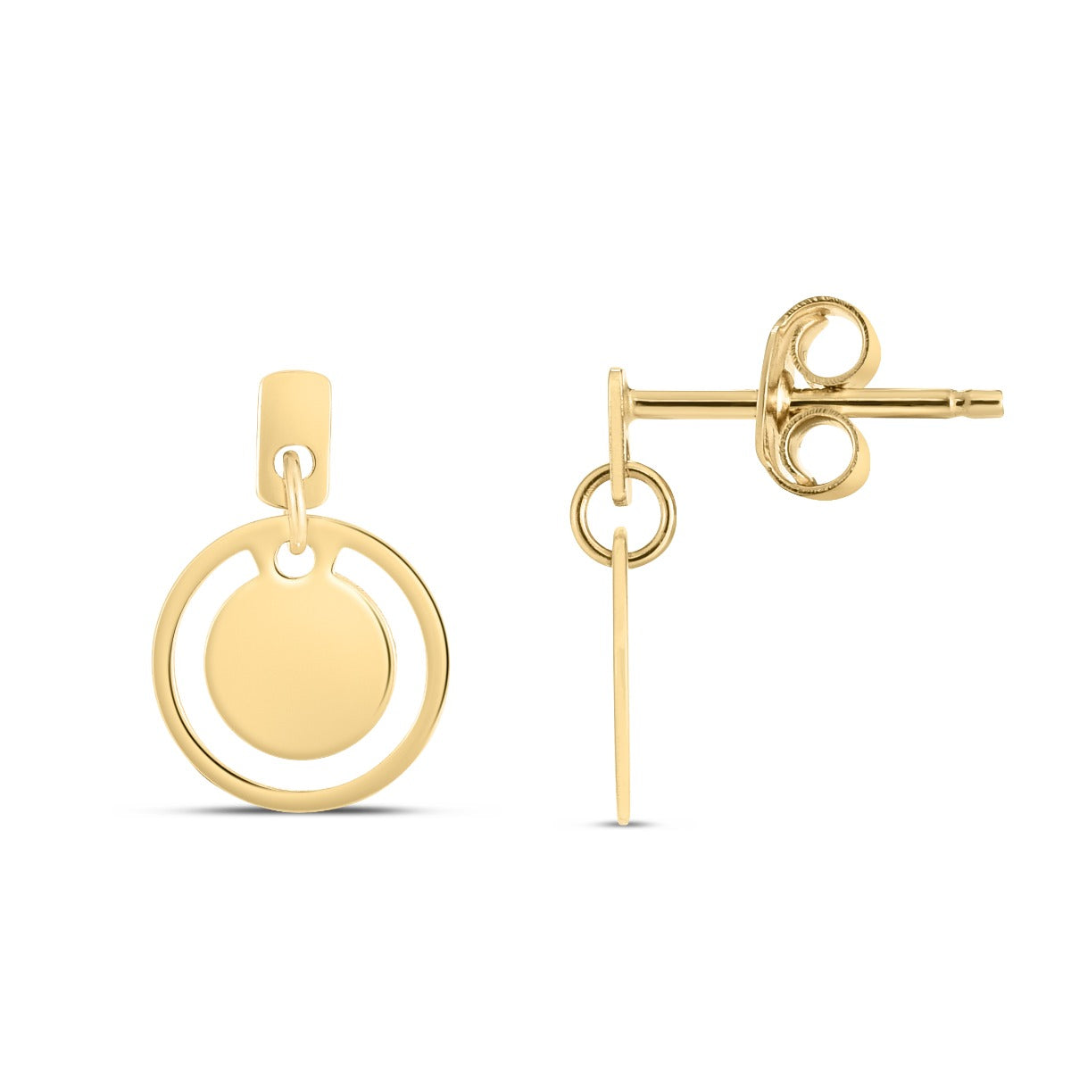 14K Gold Polished Circle Drop Earrings with Push Back Clasp