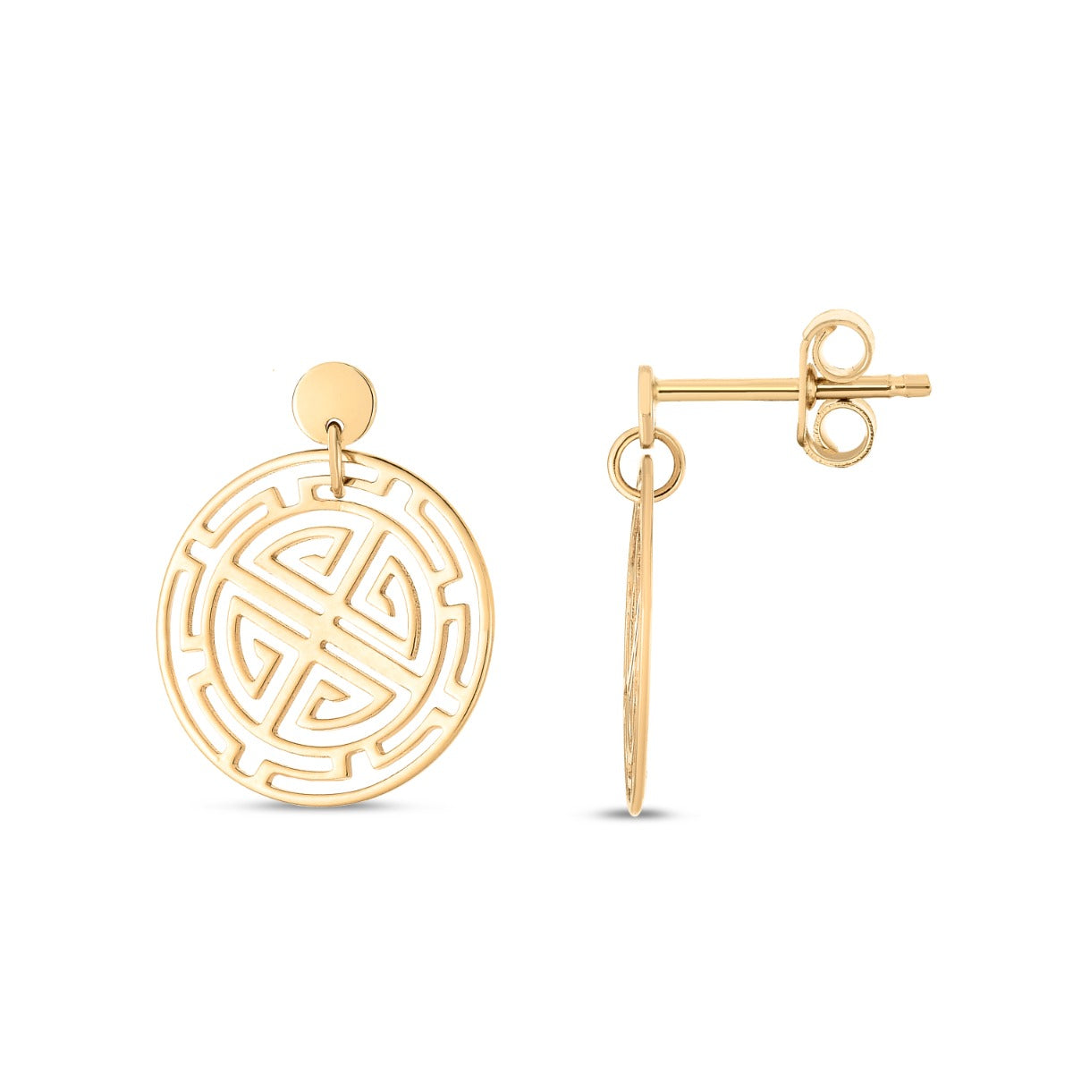14K Gold Polished Greek Key Cutout Circle Earrings with Push Back 
Clasp