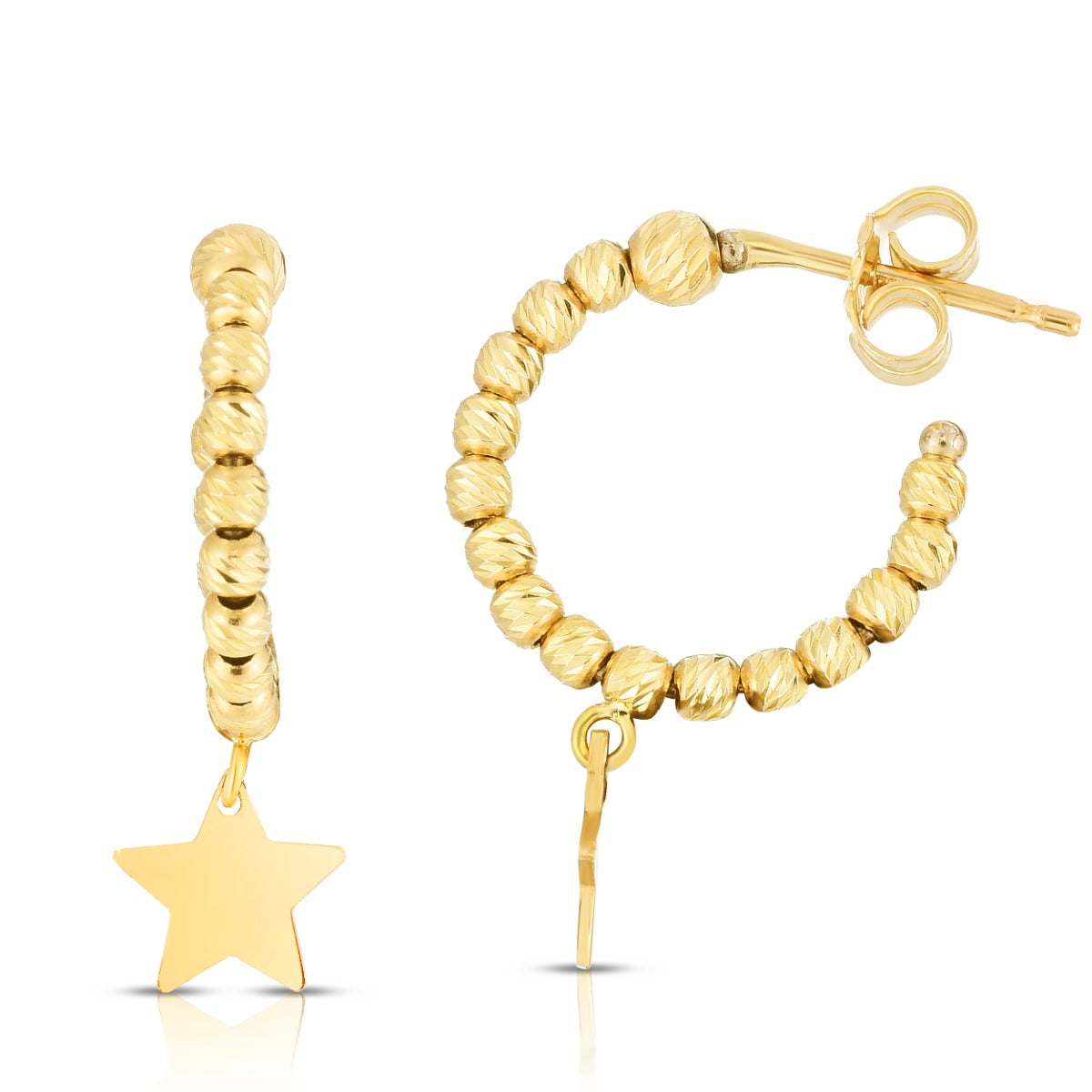 14K Gold Polished Star Charm Drops on a Beaded Hoop with Push Back Clasp