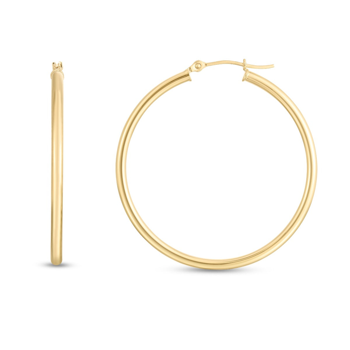 14K Gold Polished Round Hoop Earrings with Hinged Clasp