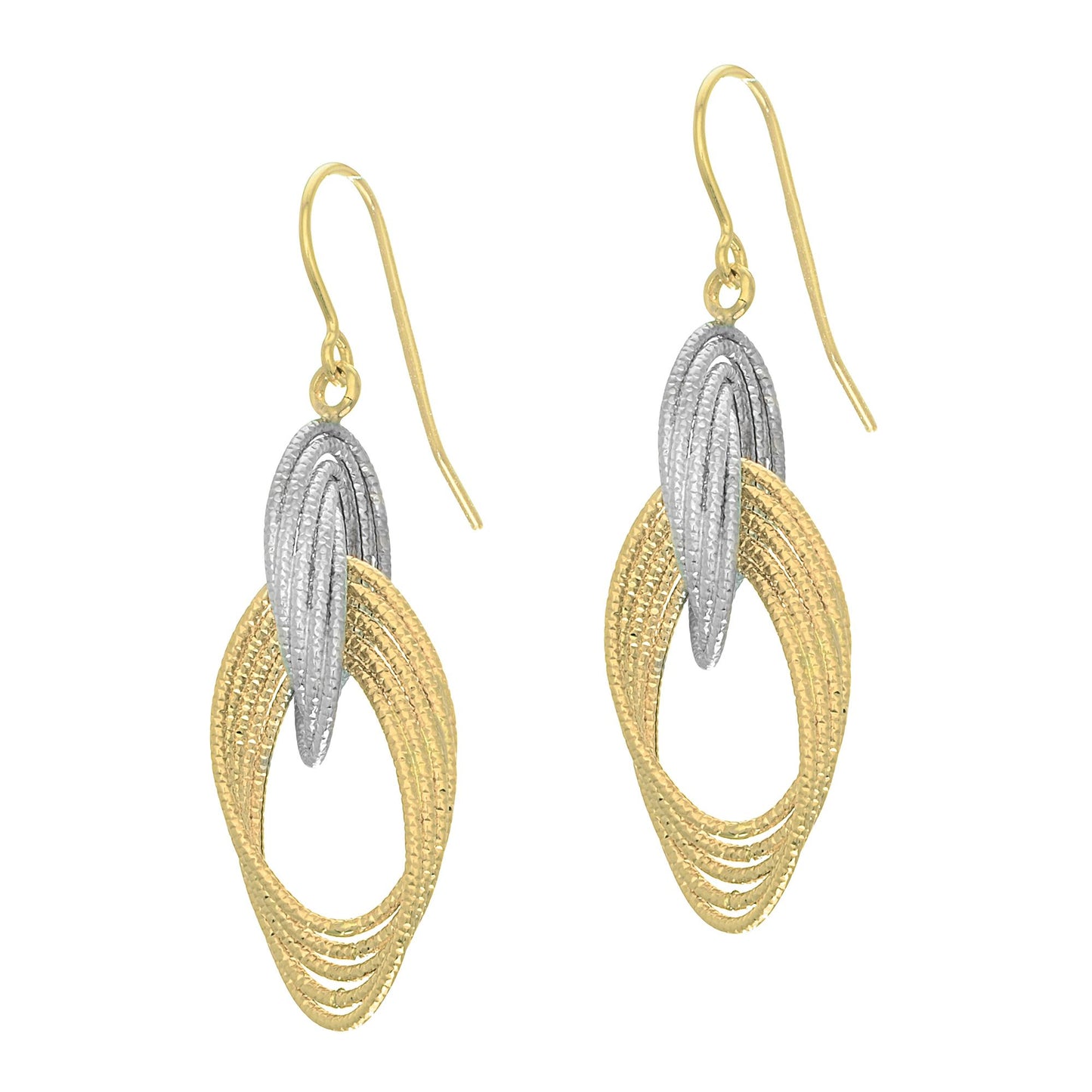 14K White and Yellow Gold Multi Row Textured Dangle Earring