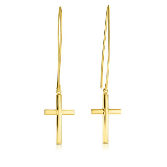 14K Gold Polished Small Cross Thread Through Drop Earring