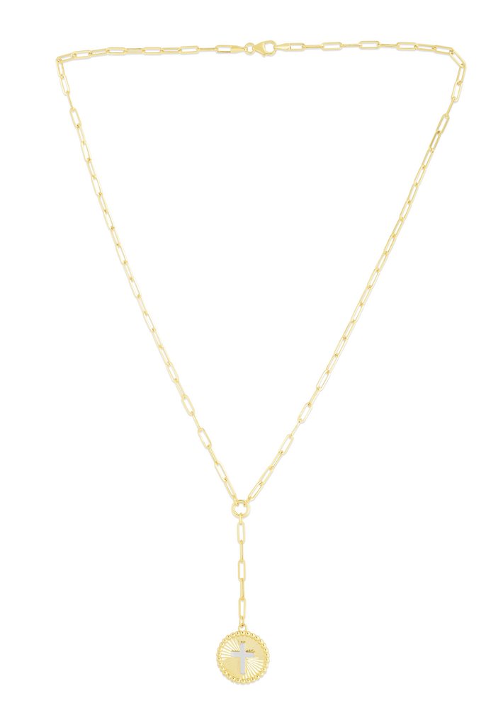 14K Gold Cross Two-tone Medallion Lariat Necklace on Paperclip Chain with Lobster Clasp