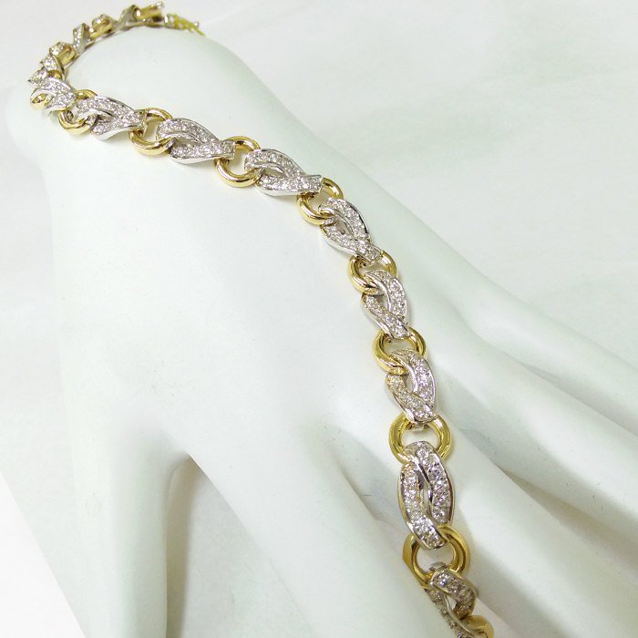 2.03 ctw. Circles and Diamond Ribbon Bracelet 18k White and Yellow Gold 2 Tone  7" inch - Twisted Link - - Elegant Creations NYC