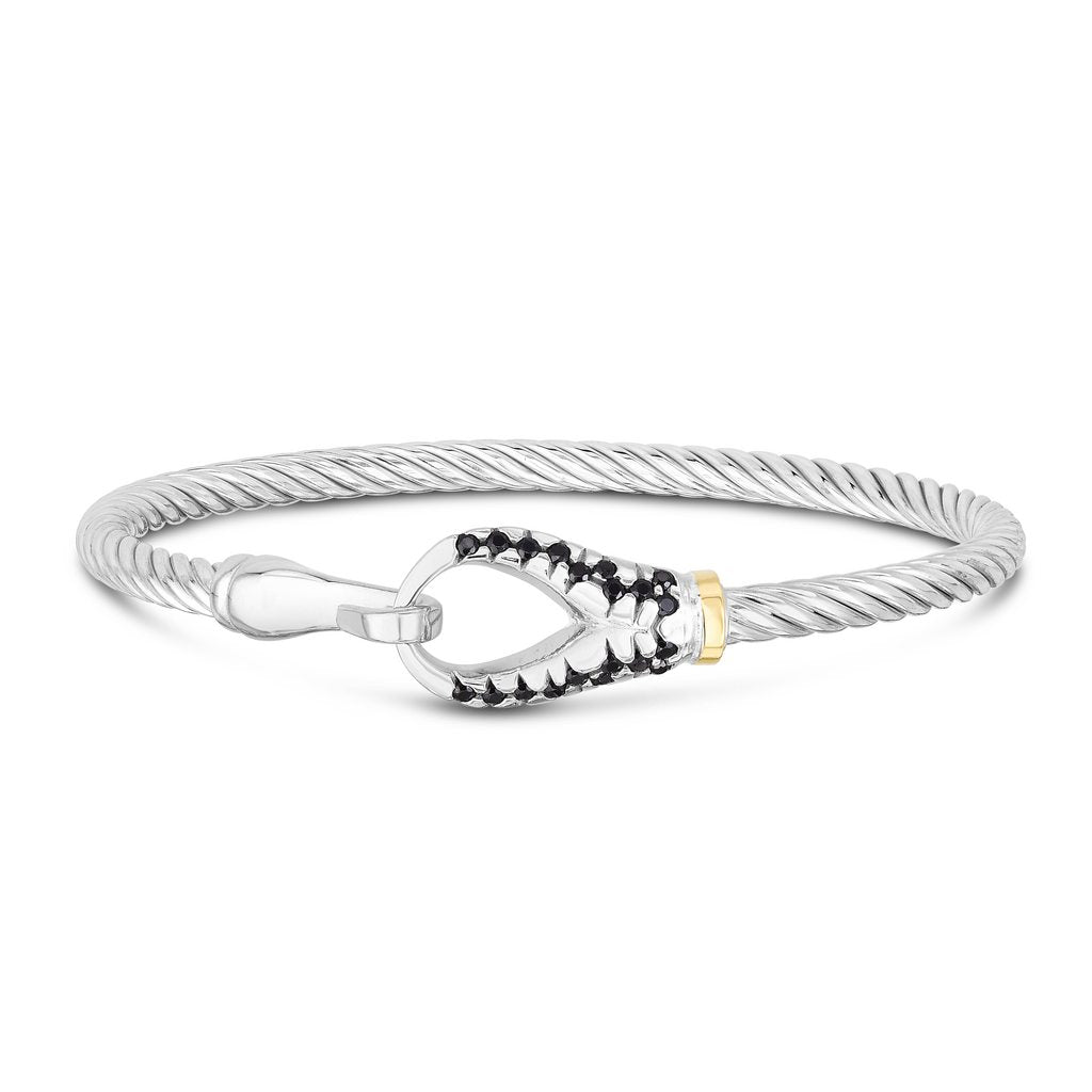 18K Gold & Sterling Silver Twisted Italian Cable Bangle Bracelet with Round Black Spinel