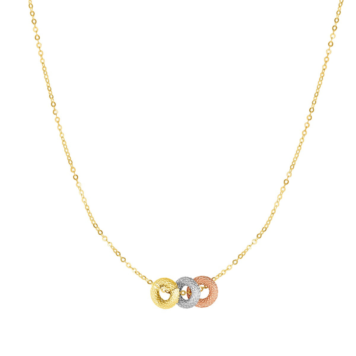 14K Tri-color Gold Diamond Cut 3 Ring Necklace