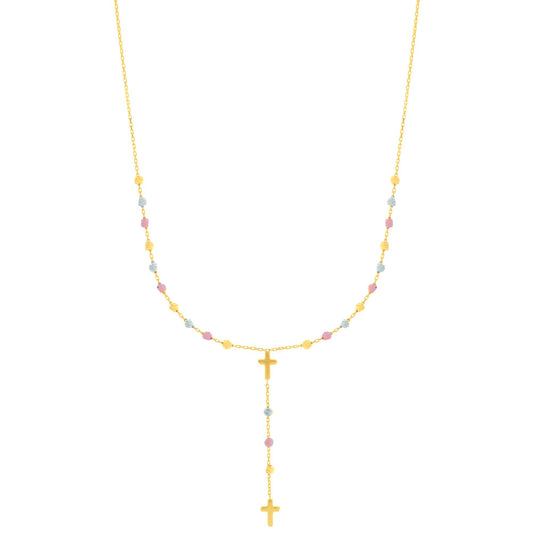 14K Tri-color Gold Drop Cross Rosary Inspired Necklace
