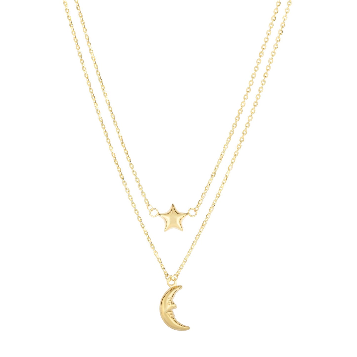 14K Gold Polished Moon & Star Multi-Strand Necklace