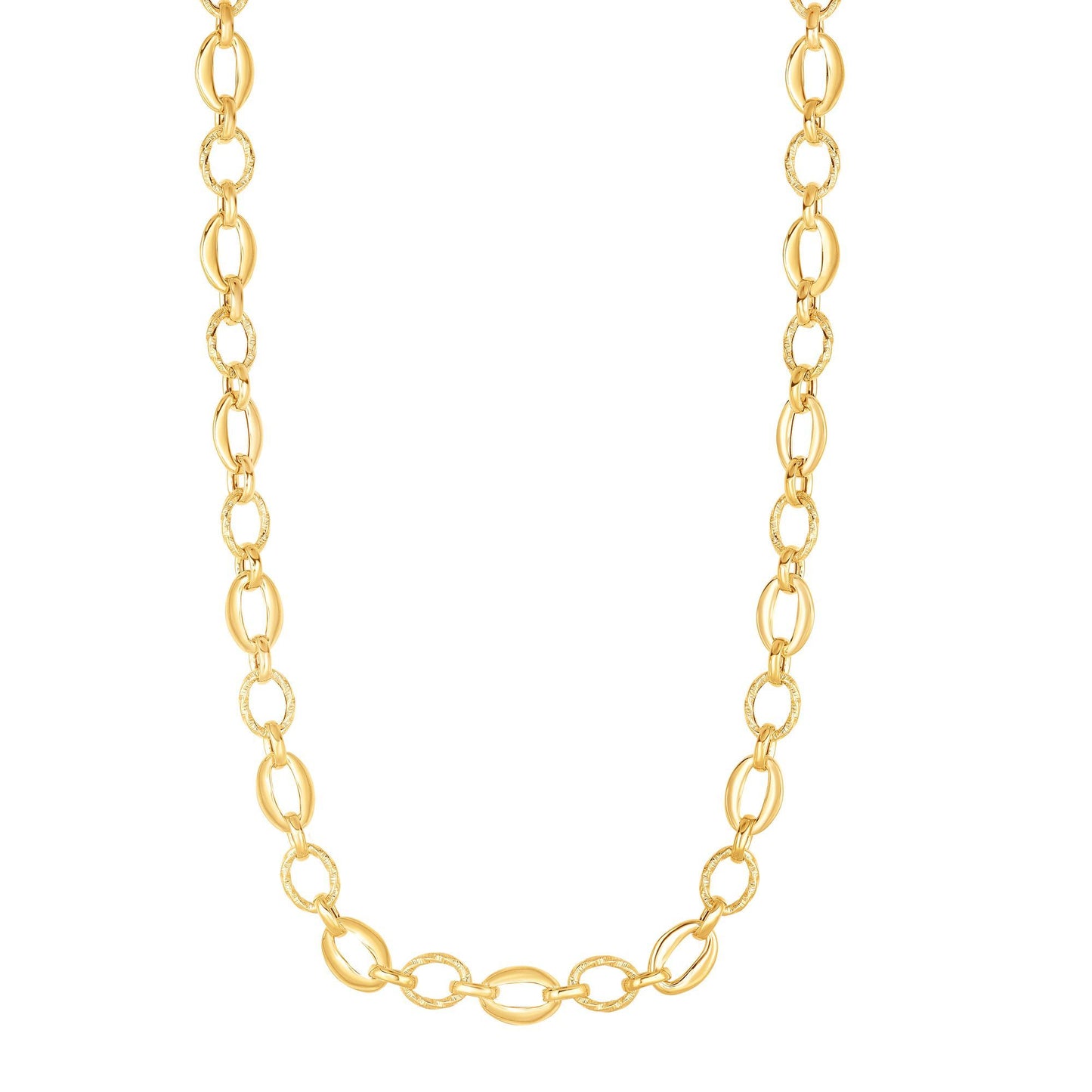 14K Gold Polished Oval & Diamond Cut Link Necklace