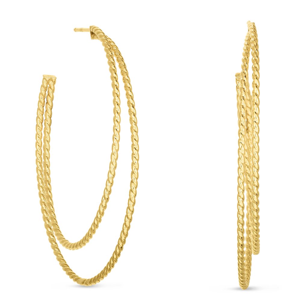 14K Gold Polished Twisted Oval Double Row Hoop Earring