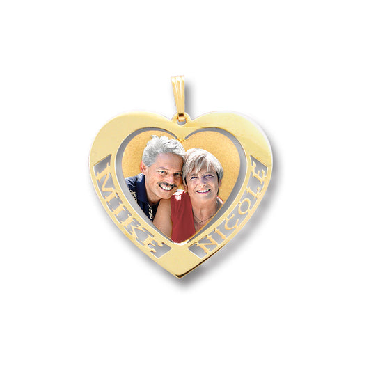 Personalized 14K Gold Picture Pendant - Heart Cut-Out Shape with Name