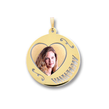 Personalized 14K Gold Picture Pendant - Round Shape with Floral Design, Heart and Name Cut-Out