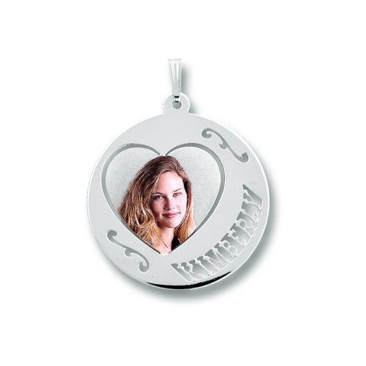 Personalized Picture Pendant - Round Shape with Floral Design, Heart and Name Cut-Out | Sterling Silver